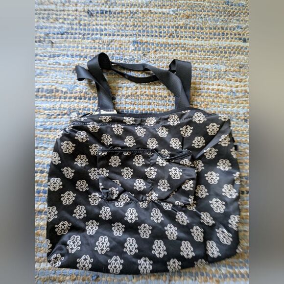 Reversible Tote Bag Black White Scroll Monogram Graphic Leaf Print Foldable Shou - Picture 4 of 8